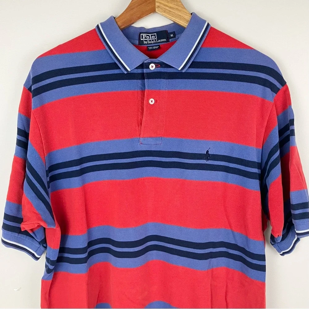 Vintage Polo Ralph Lauren Men’s Striped Polo Short Sleeve Shirt Size XL Red